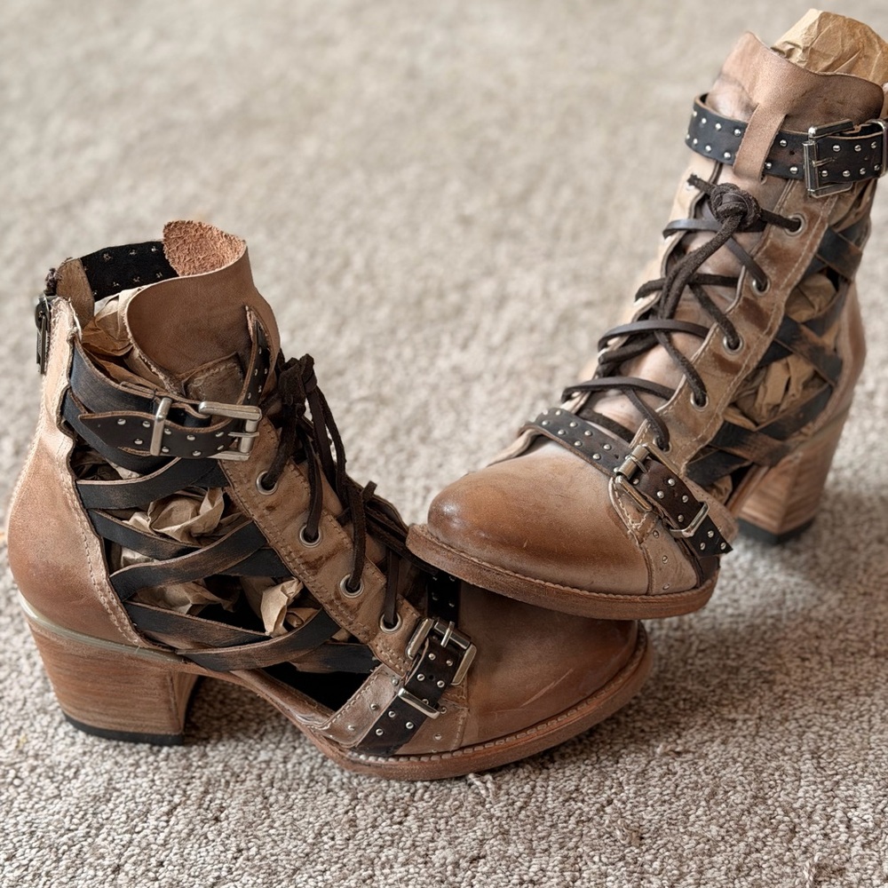 Freebird Brown Leather Ankle Boots with Studded Straps